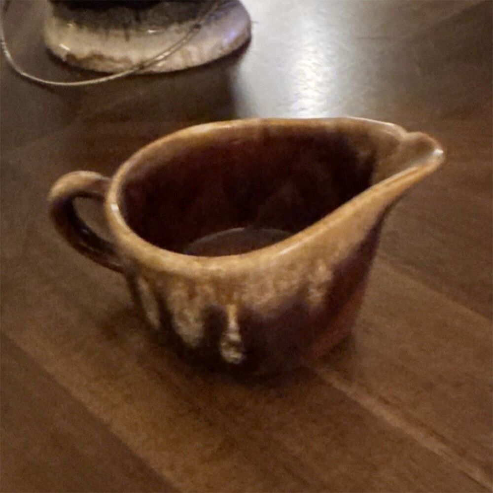 Brown Ceramic Pottery Gravy Boat Glossy Oval with Handle and Spout
